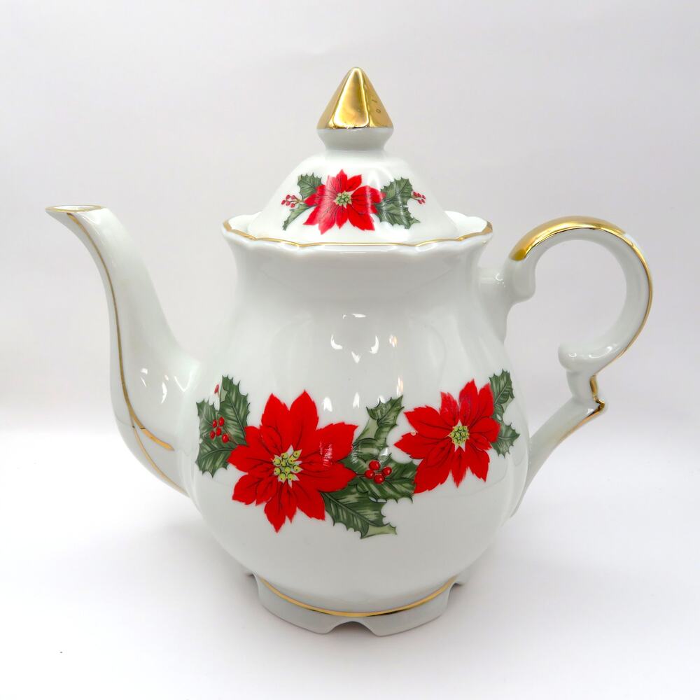 Lefton Christmas Teapot 1987 Poinsettia Holly Gold Trim Holiday Serveware Japan
